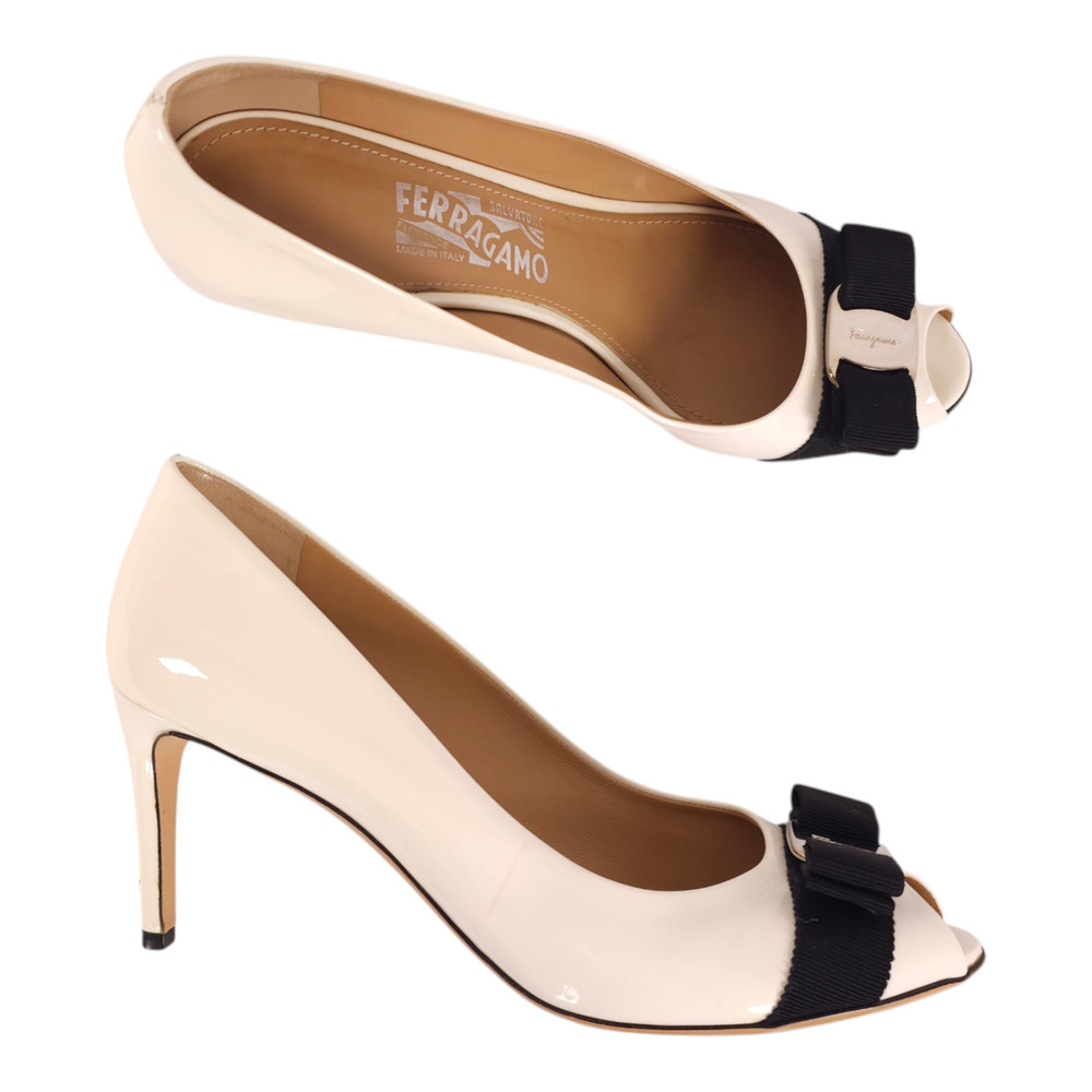 Salvatore Ferragamo Cream Patent Leather Vara Bow Peep Toe Pumps 9B